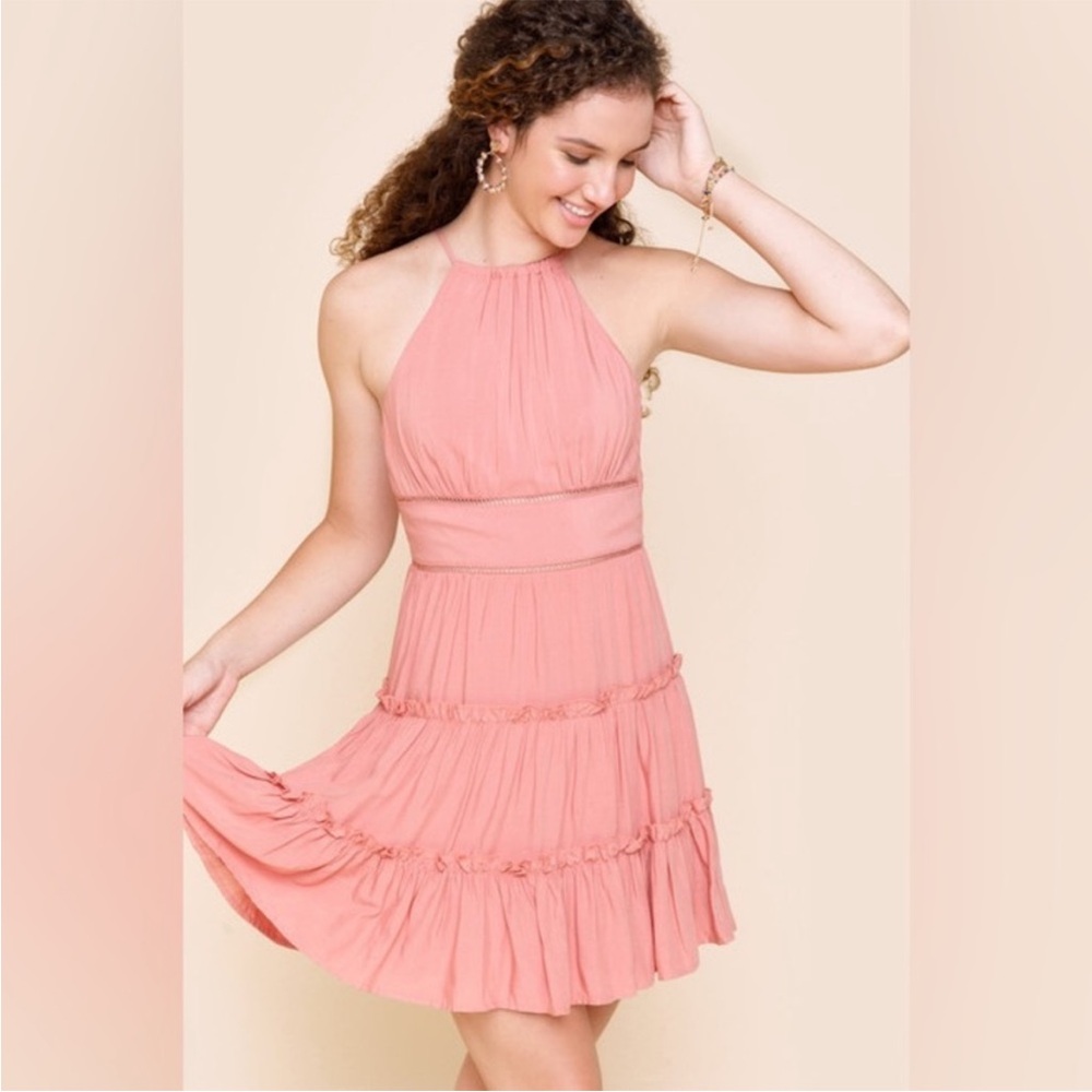 Sasha Halter Tiered Mini Dress – Pink – Size Small